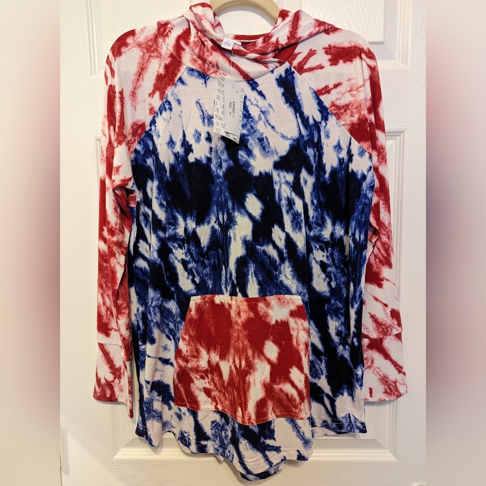 LuLaRoe 4th of July Americana Tie Dye Amber Hoodie size Large USA NWT